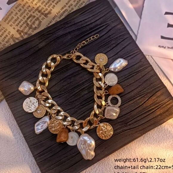 Stainless Steel Vintage Charm Bracelet Gold Plated Faux Baroque Pearls - Picture 4 of 8